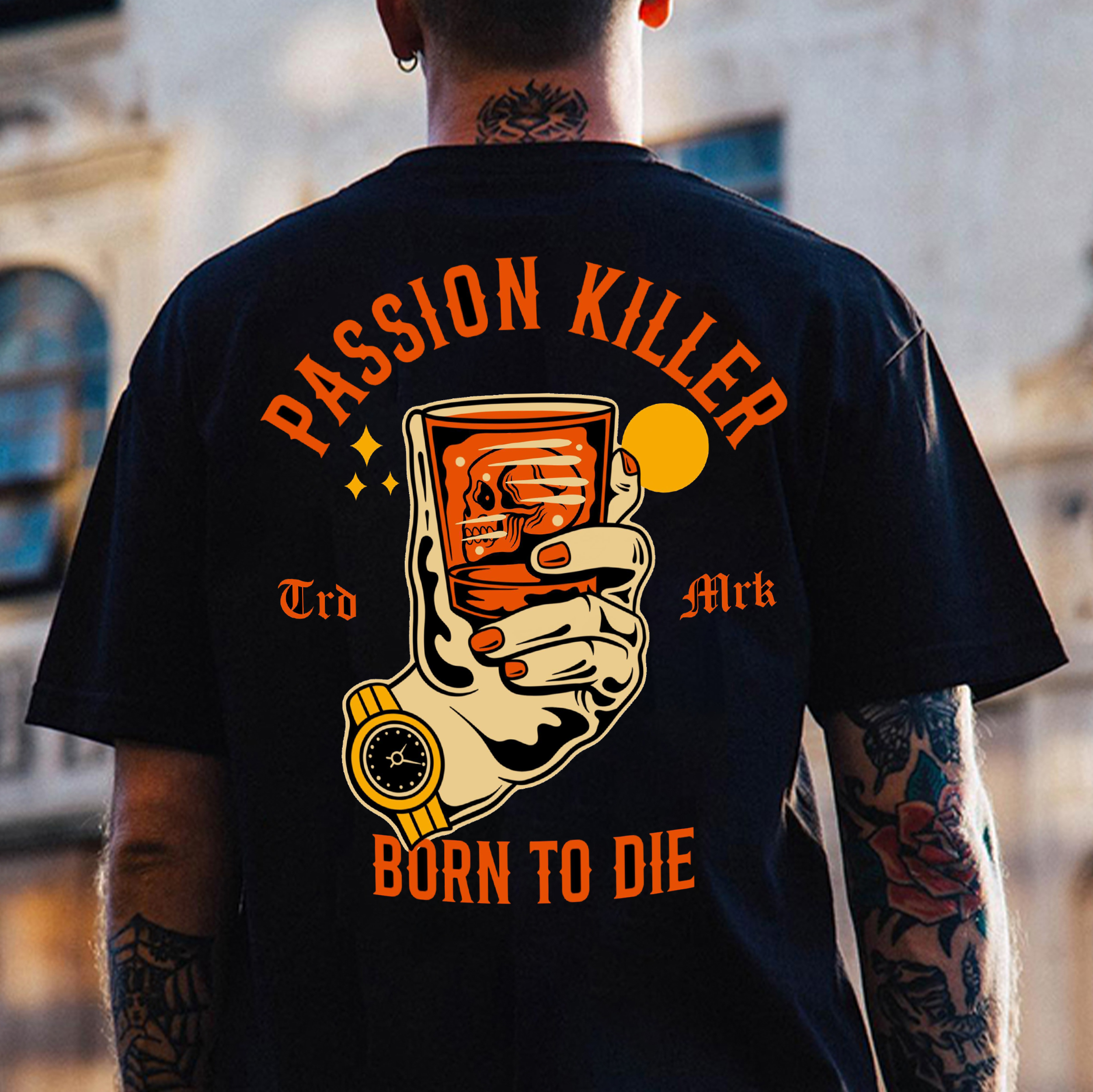 PASSION KILLER BORN TO DIE Skull Liquor Print Men's T-shirt