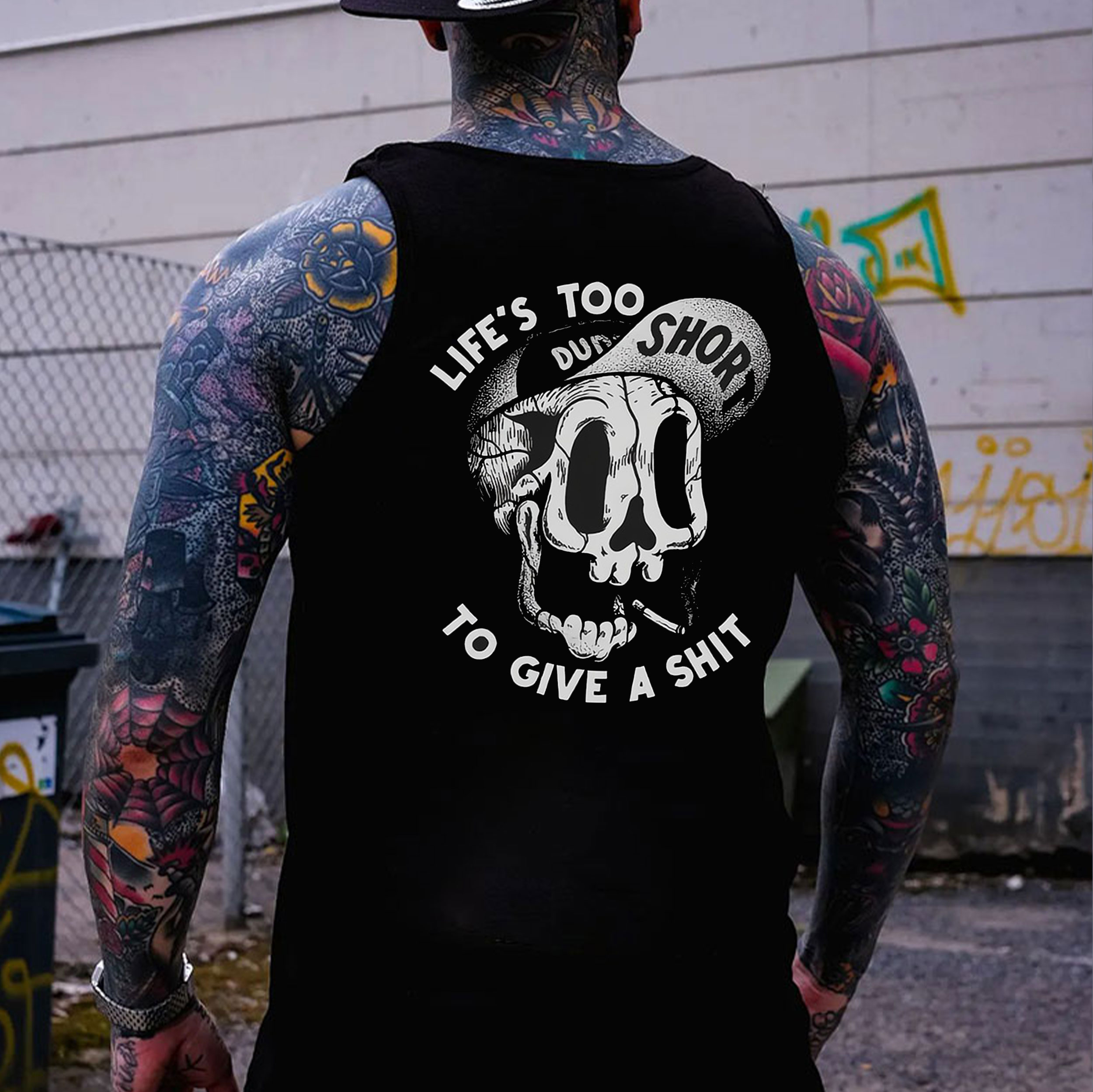 LIFE'S TOO SHORT TO GIVE A SHIT Skull Black Print Vest