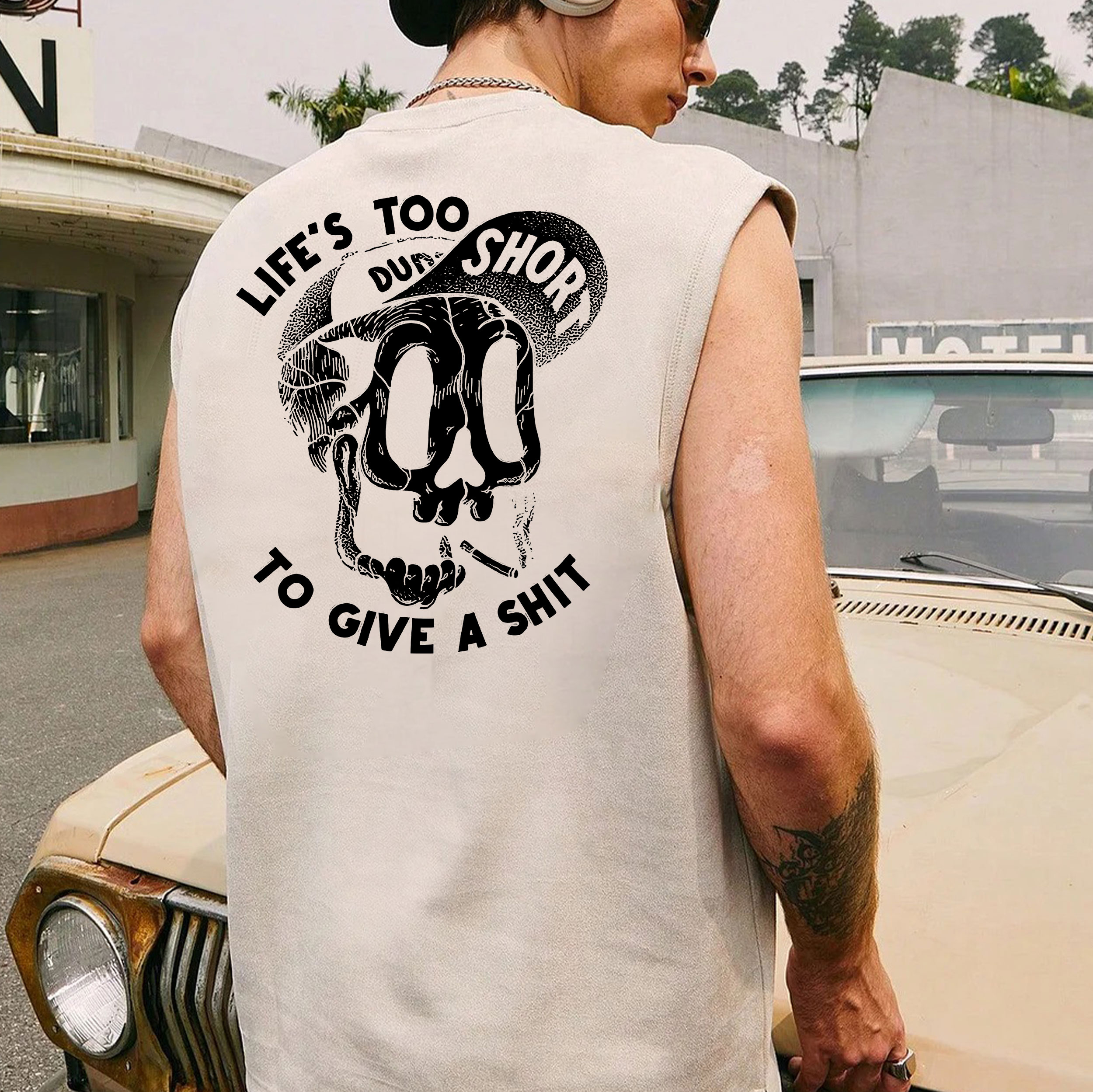 LIFE'S TOO SHORT TO GIVE A SHIT Skull Black Print Vest