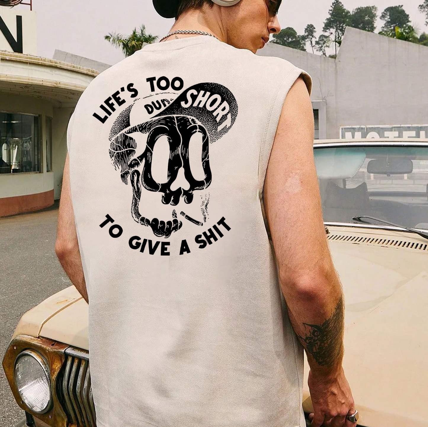LIFE'S TOO SHORT TO GIVE A SHIT Skull Black Print Vest