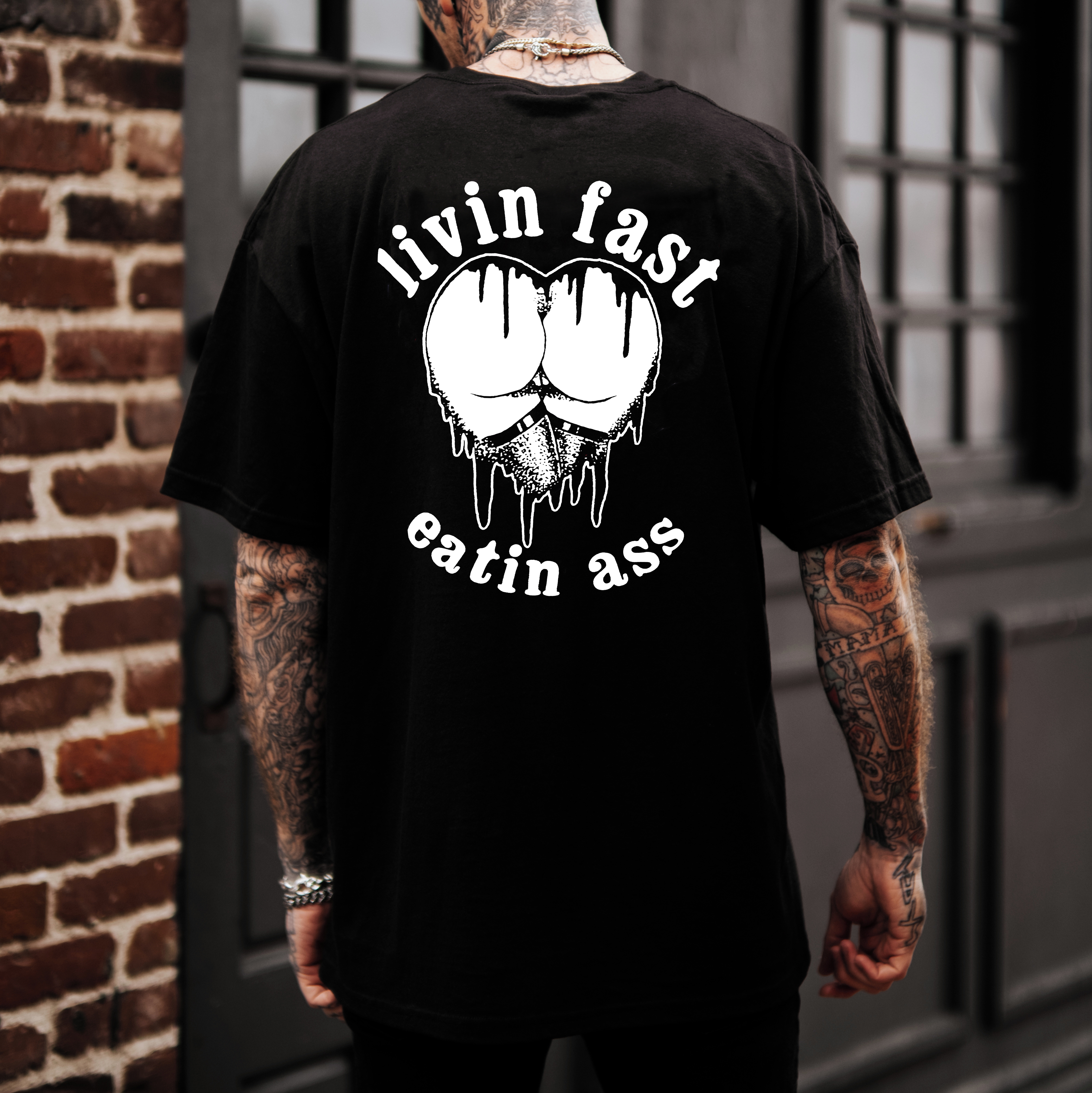 LIVING FAST EATING ASS Heart Sexy Black Print T-shirt