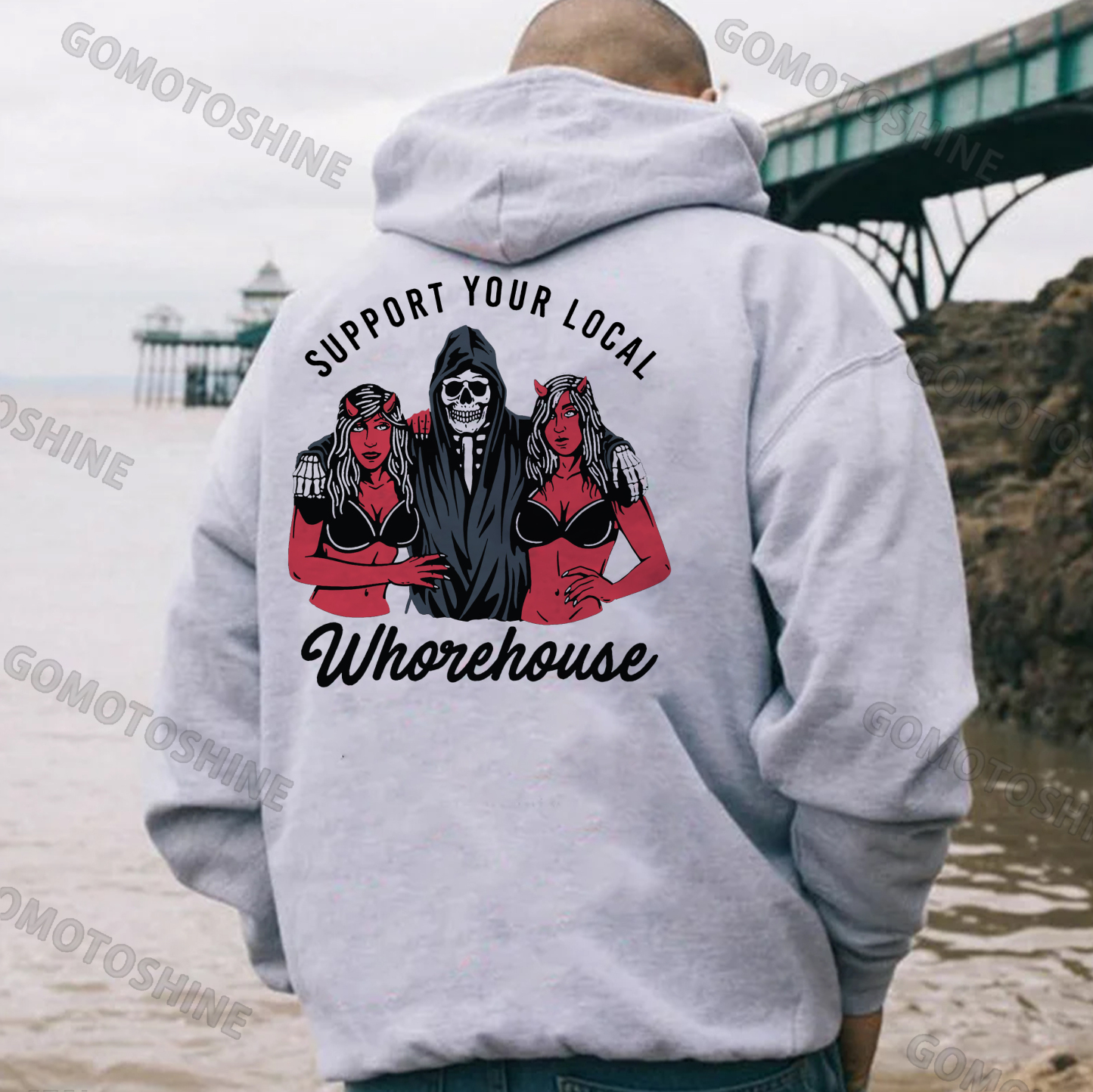 SUPPORT YOUR LOCAL WHOREHOUSE Skull Sexy Graphic Black Print Hoodie