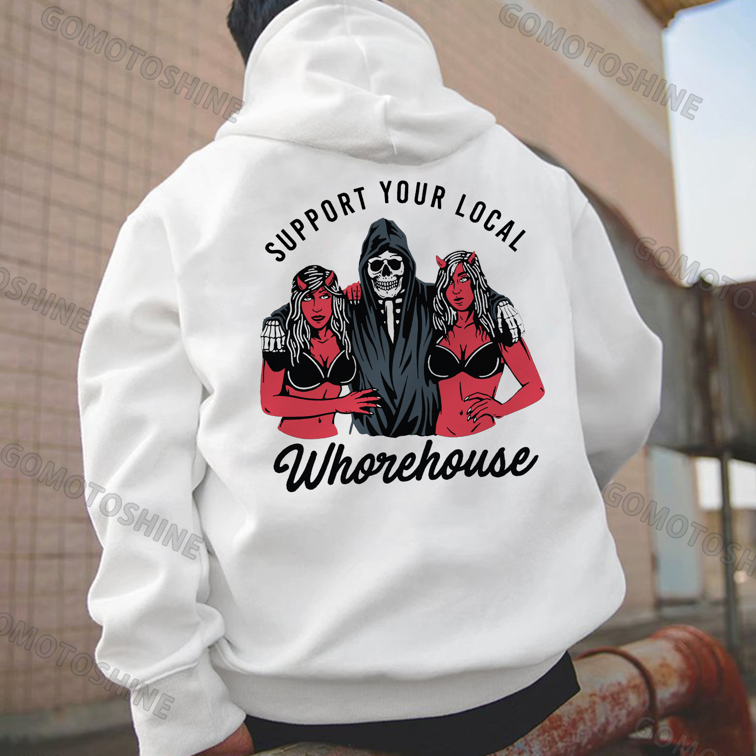 SUPPORT YOUR LOCAL WHOREHOUSE Skull Sexy Graphic Black Print Hoodie