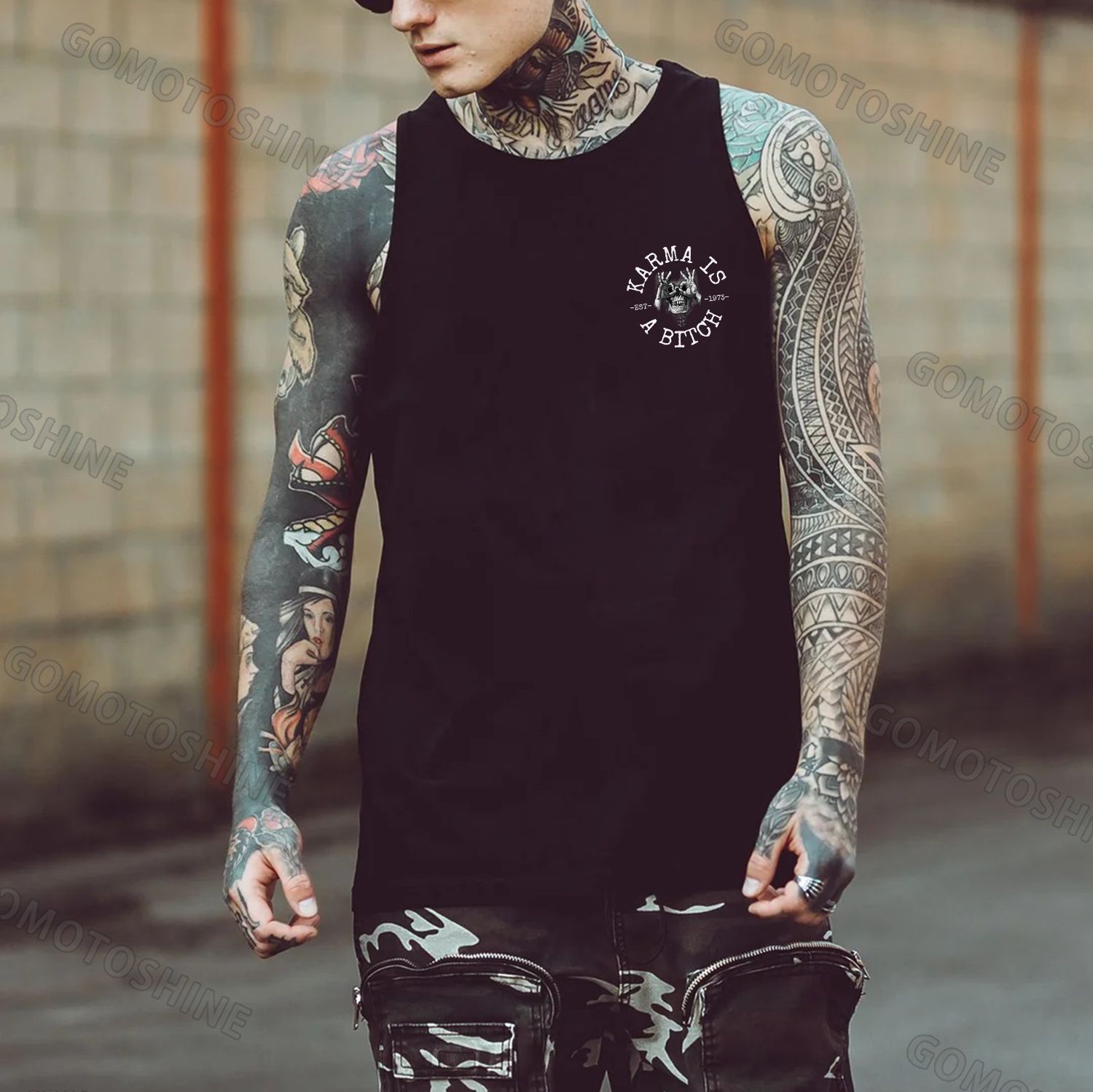 KARMA IS A BITCH Skull With OK Print Men's Vest Image - 2