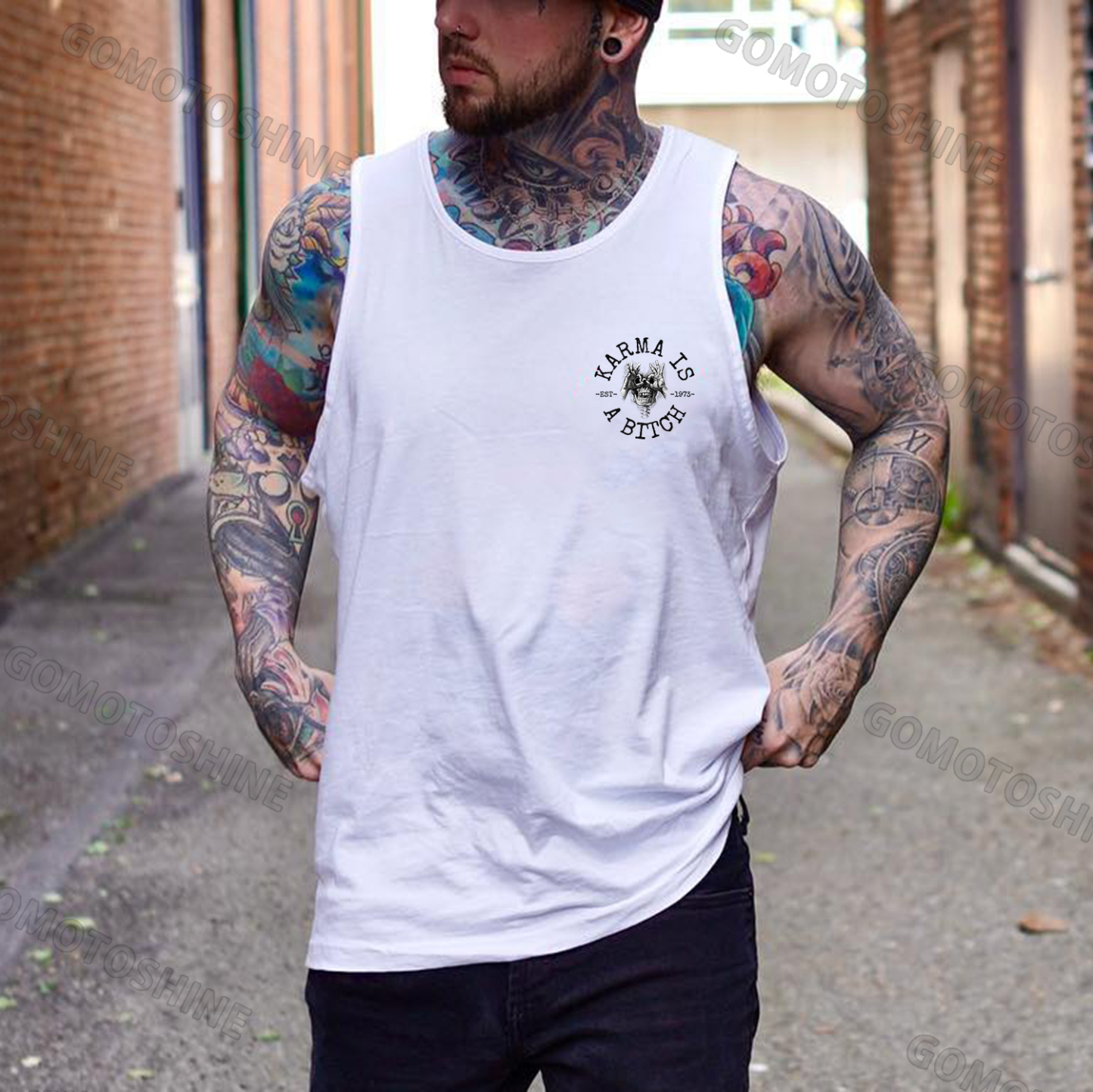 KARMA IS A BITCH Skull With OK Print Men's Vest Image - 4