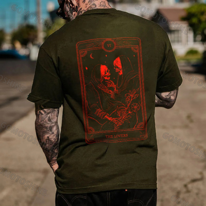 THE LOVES Two skeletons with Flowers Red Graphic Casual Black Print T-shirt