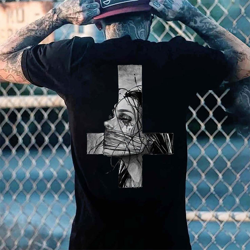 Hopeless Lady Was Crucified Dark Style Print T-shirt Image - 4