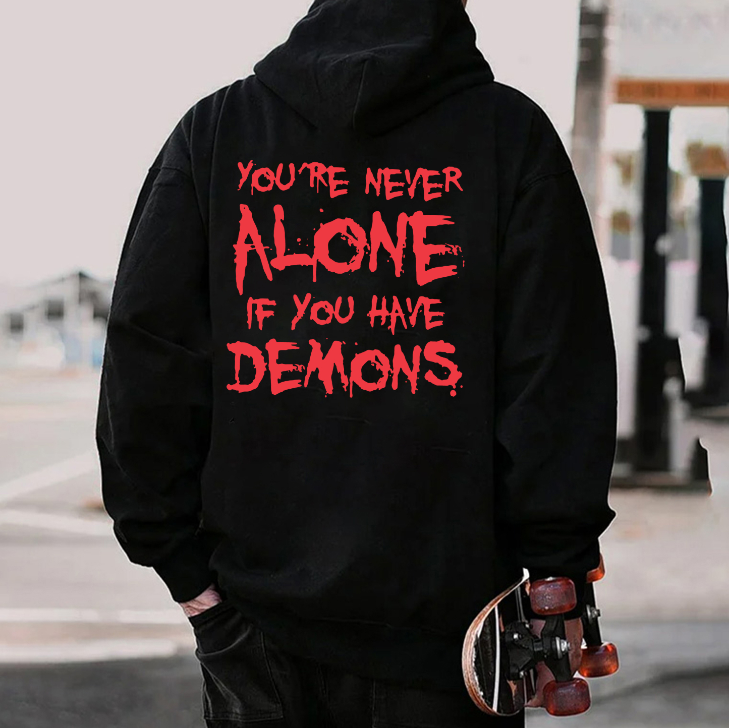 YOU'RE NEVER ALONE IF YOU HAVE DEMONS Black Print Hoodie