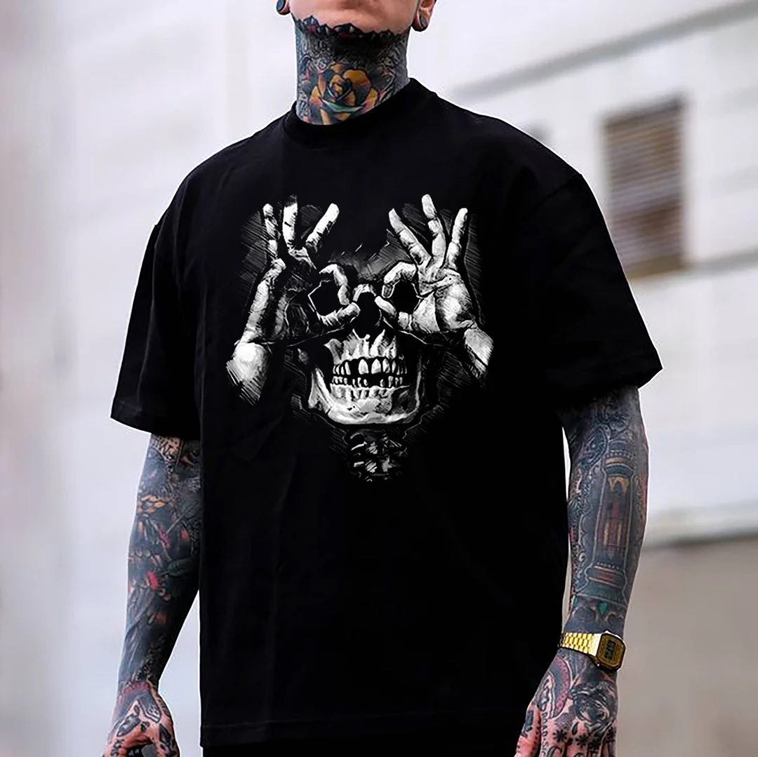 Skull with OK Pattern Graphic Casual Black Print T-shirt Image - 1