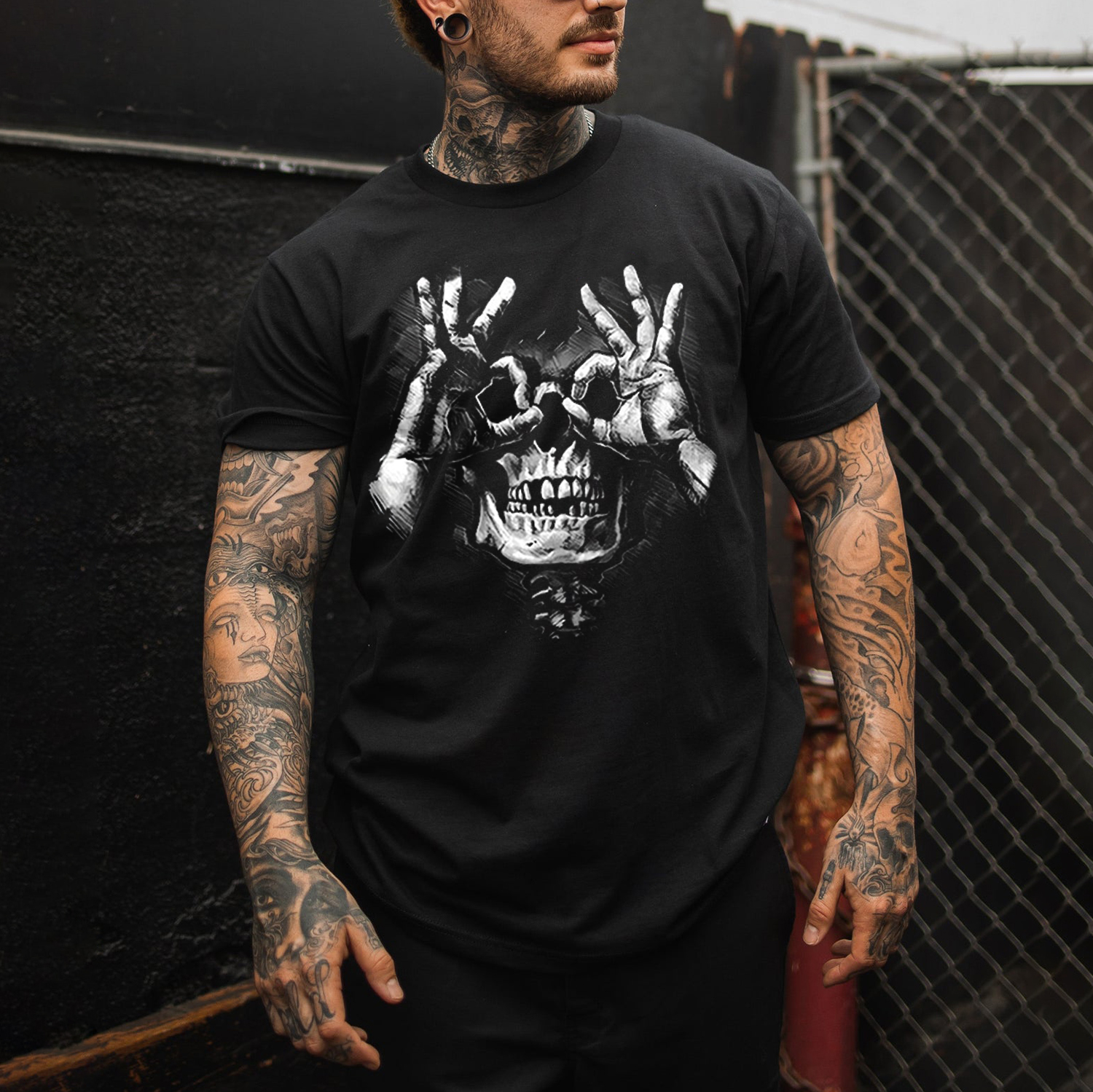 Skull with OK Pattern Graphic Casual Black Print T-shirt Image - 5