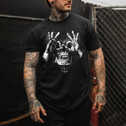 Skull with OK Pattern Graphic Casual Black Print T-shirt Image - 5