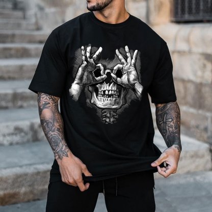 Skull with OK Pattern Graphic Casual Black Print T-shirt Image - 6