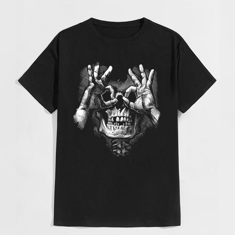 Skull with OK Pattern Graphic Casual Black Print T-shirt Image - 8