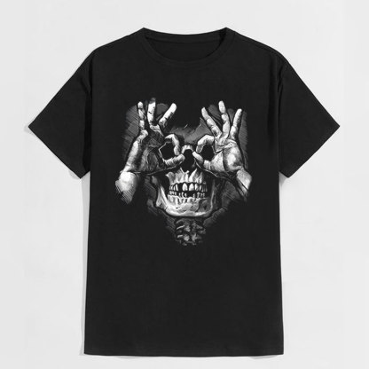 Skull with OK Pattern Graphic Casual Black Print T-shirt Image - 8