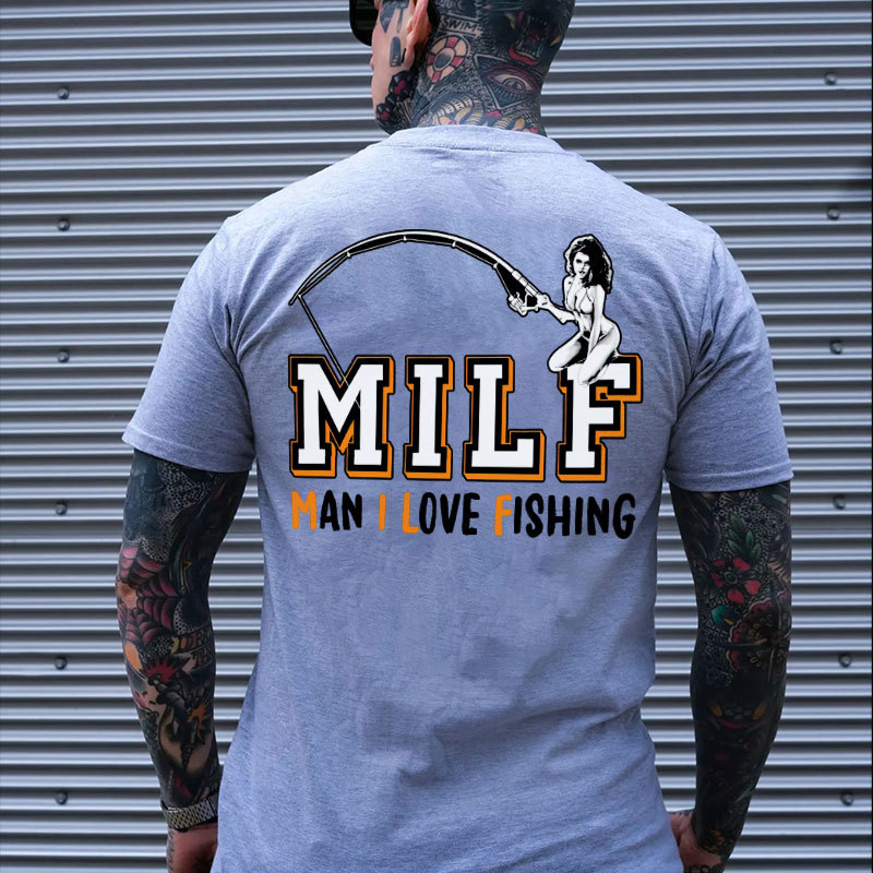 MILF MAN I LOVE FISHING Naked Lady Black Print T-shirt