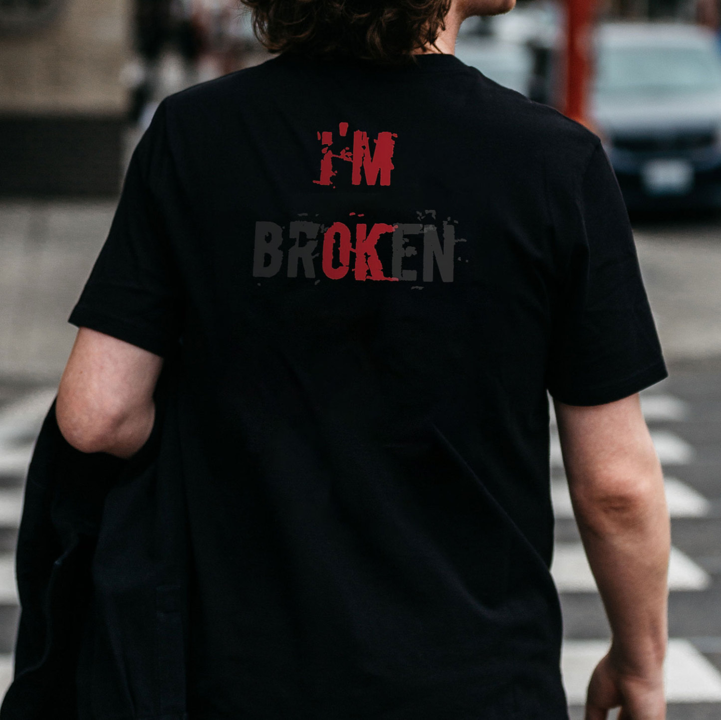 I’M BROKEN Letters Graphic Casual Simple White and Black Print T-shirt Image - 3
