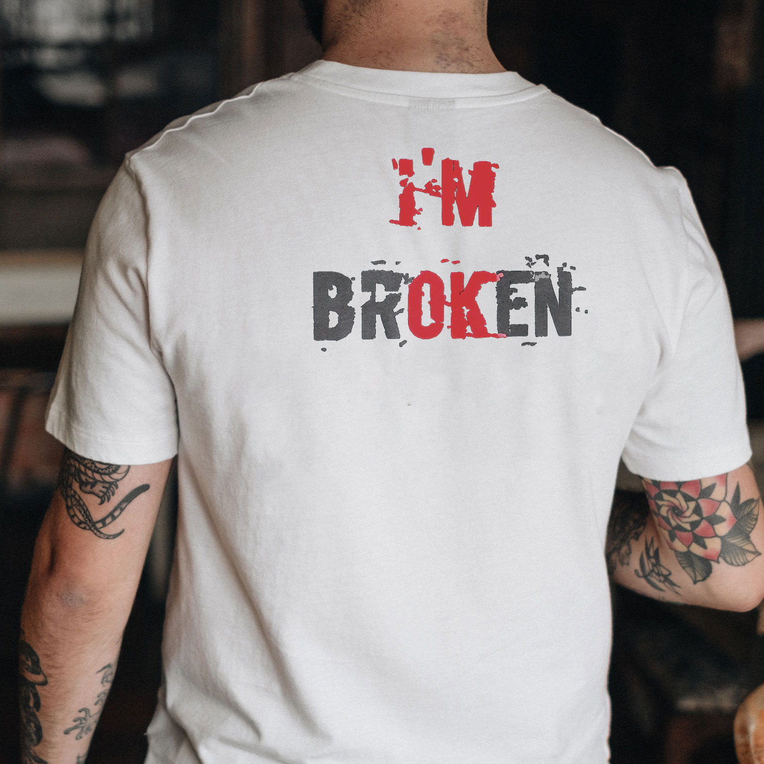 I’M BROKEN Letters Graphic Casual Simple White and Black Print T-shirt Image - 7