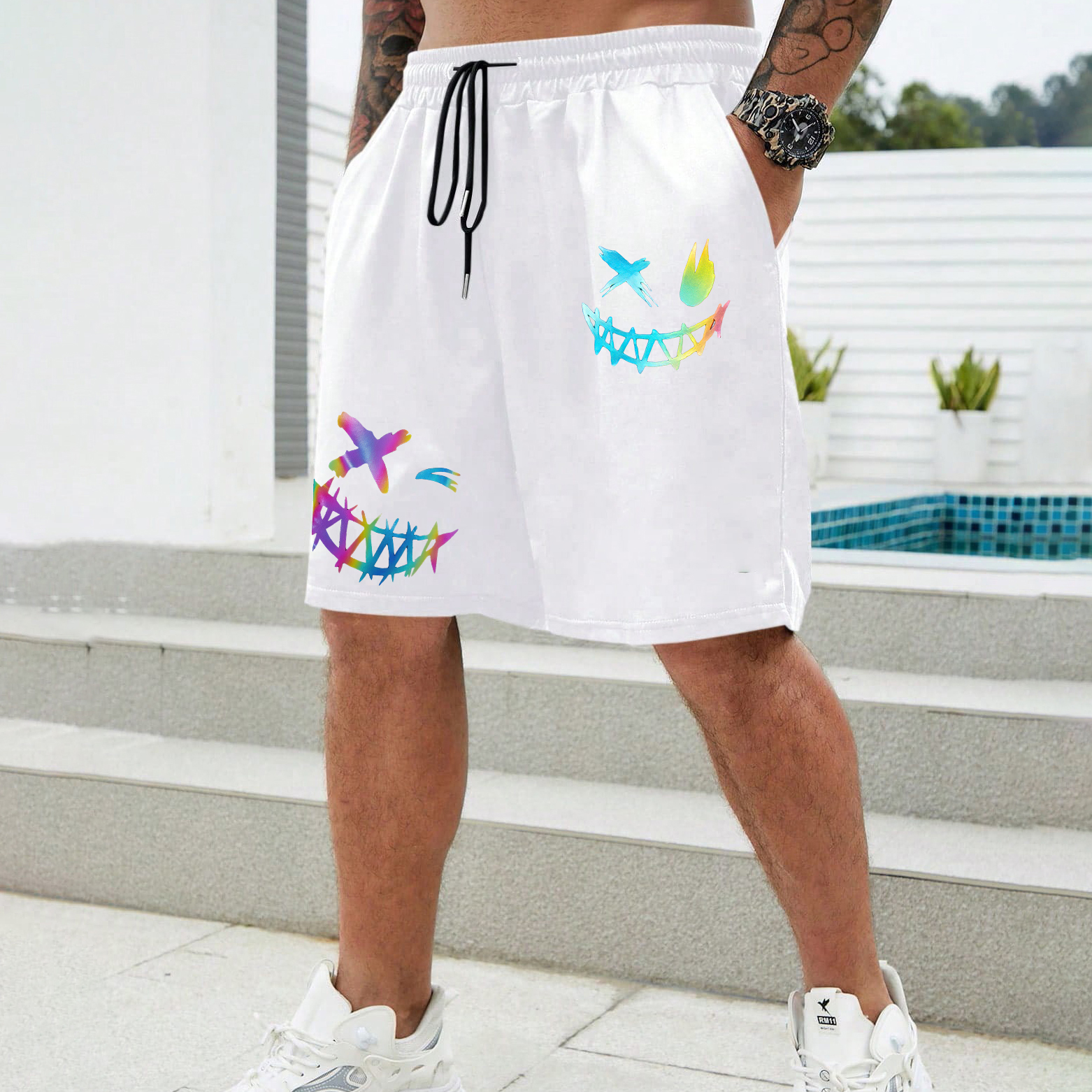 Evil Colorful Emoji Graphic Black Print Shorts