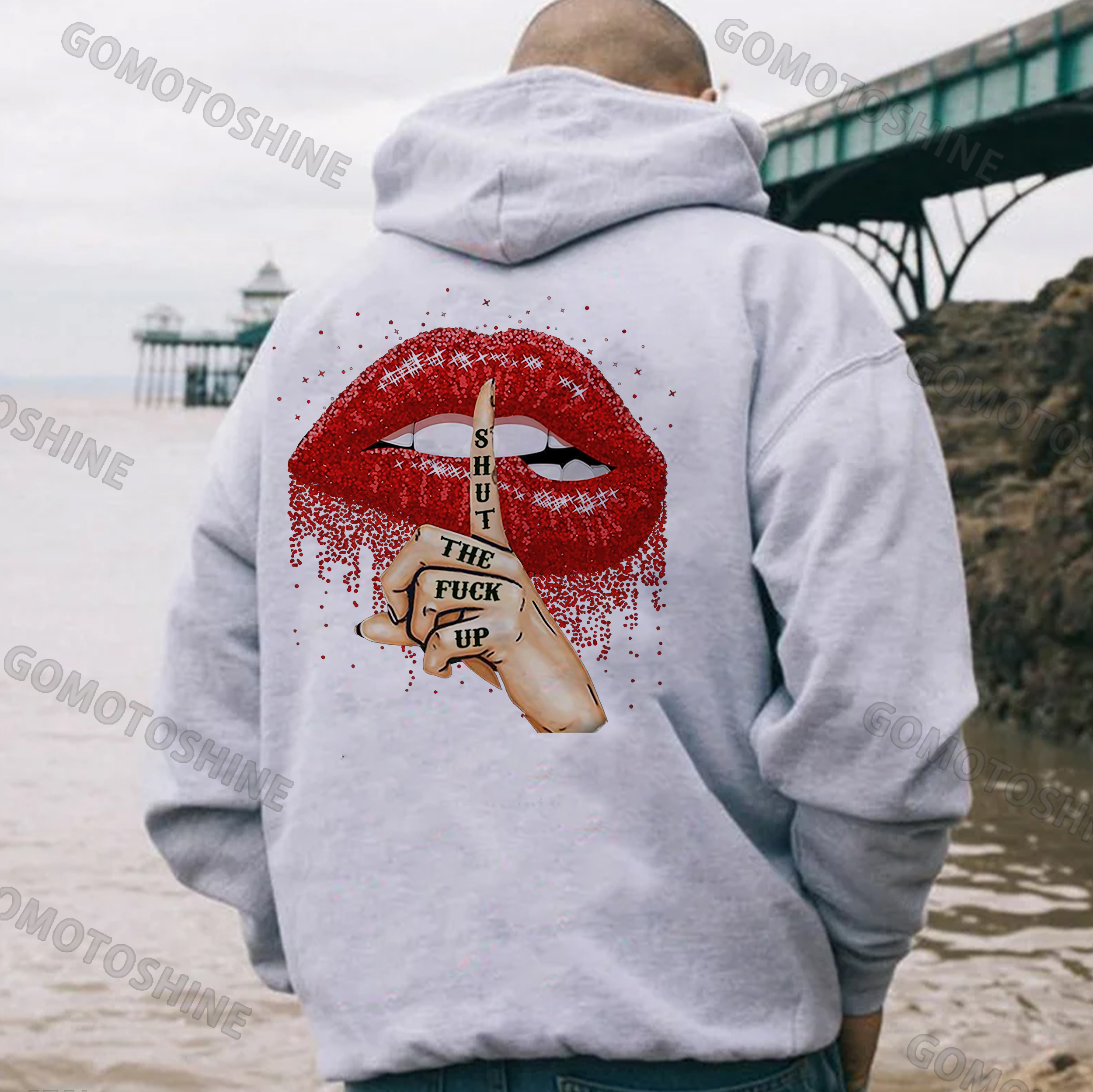 SHUT THE FUCK UP Sexy Red Lips Black Print Hoodie