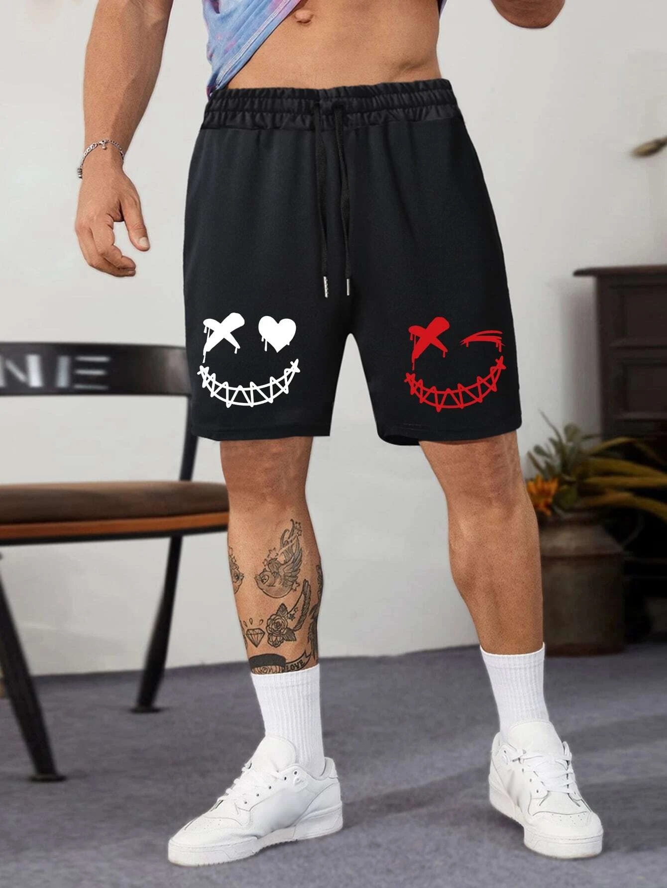 Evil Emoji Bicolourable Pattern Casual Black Print Shorts Image - 1