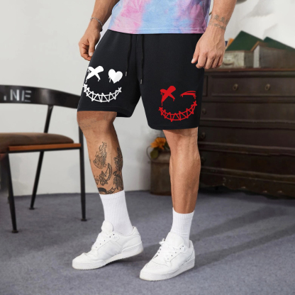 Evil Emoji Bicolourable Pattern Casual Black Print Shorts Image - 2