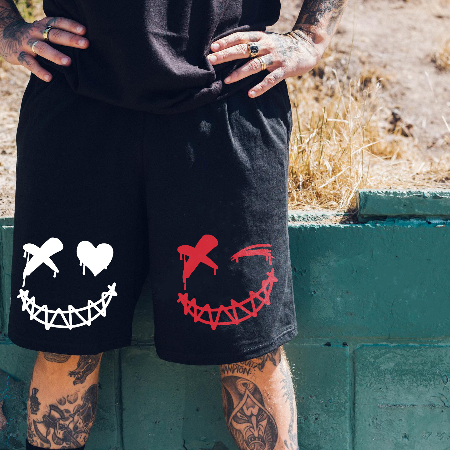 Evil Emoji Bicolourable Pattern Casual Black Print Shorts Image - 3