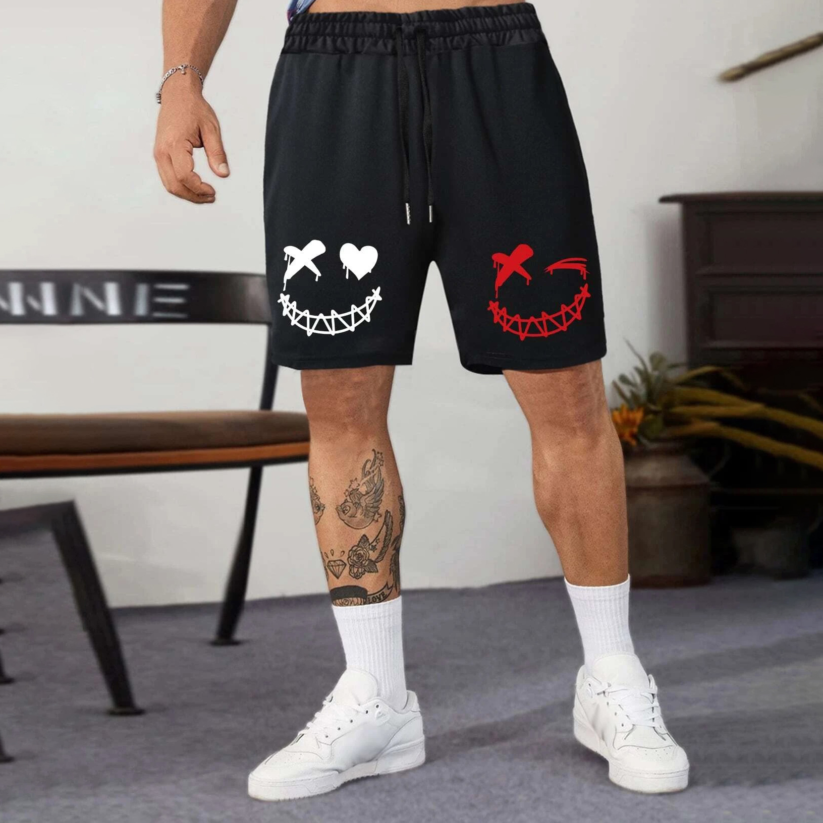 Evil Emoji Bicolourable Pattern Casual Black Print Shorts Image - 4