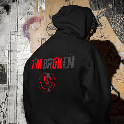 I’M BROKEN Smiling Face Graphic Casual Black Print Hoodie Image - 1