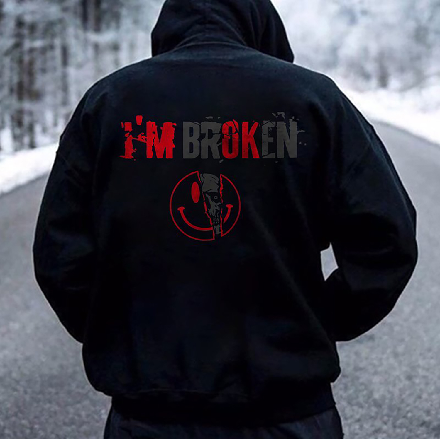 I’M BROKEN Smiling Face Graphic Casual Black Print Hoodie Image - 5