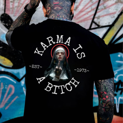 KARMA IS A BITCH Defiant Nun Print Men's T-Shirt