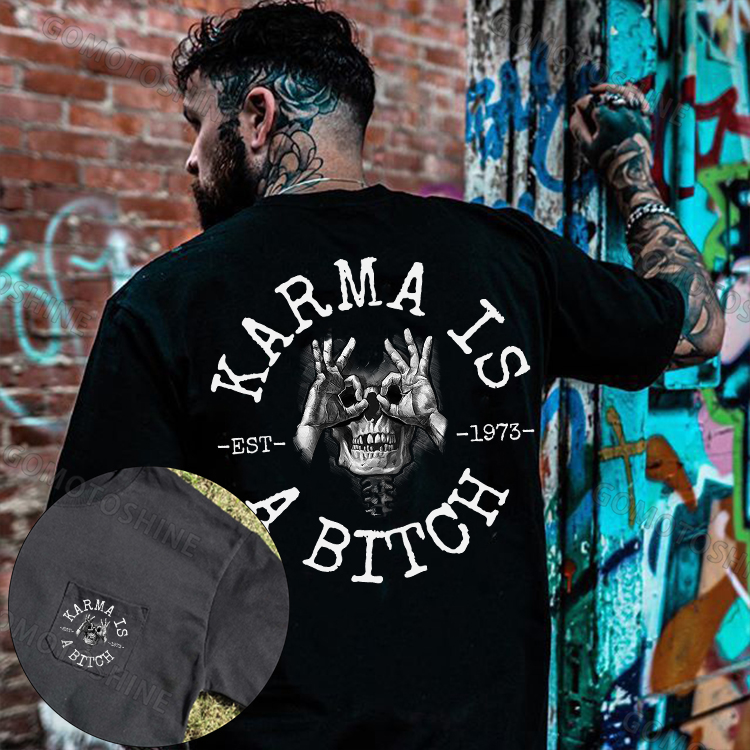 KARMA IS A BITCH Skull With OK Men's Pocket T-Shirt