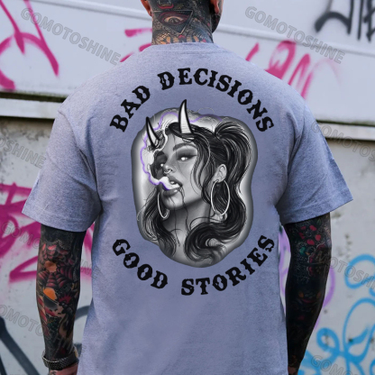 BAD DECISIONS GOOD STORIES Smoking Devil Girl Print Men's T-shirt Image - 3