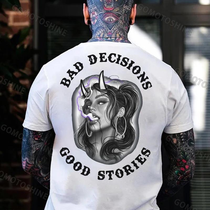 BAD DECISIONS GOOD STORIES Smoking Devil Girl Print Men's T-shirt Image - 2