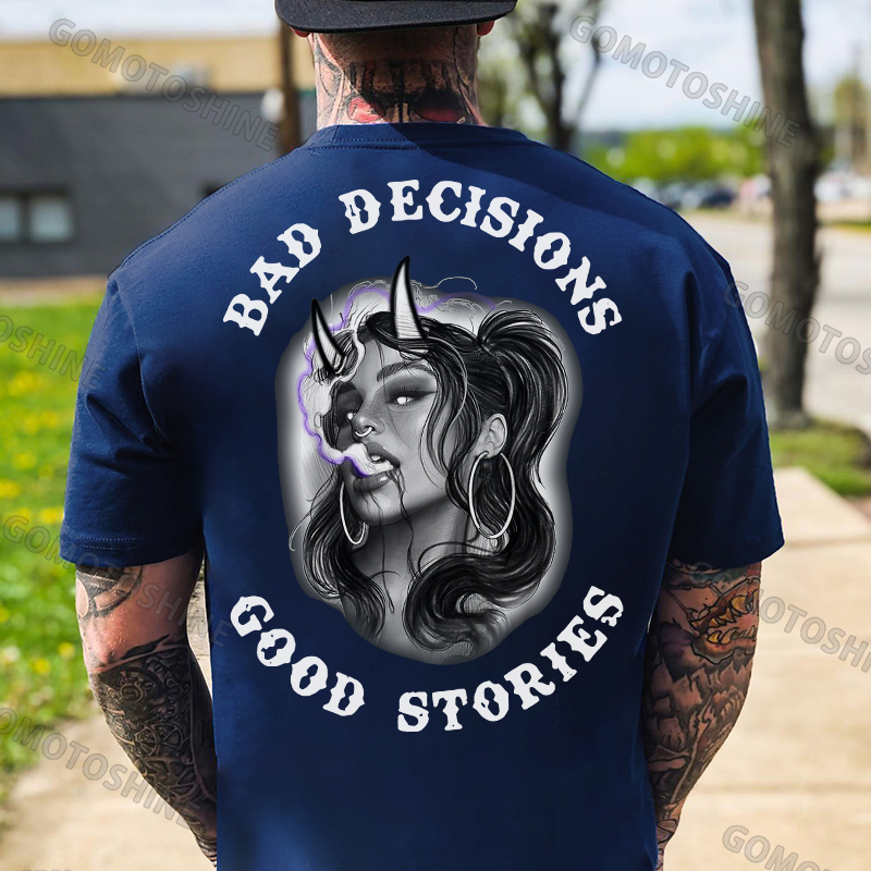 BAD DECISIONS GOOD STORIES Smoking Devil Girl Print Men's T-shirt Image - 4