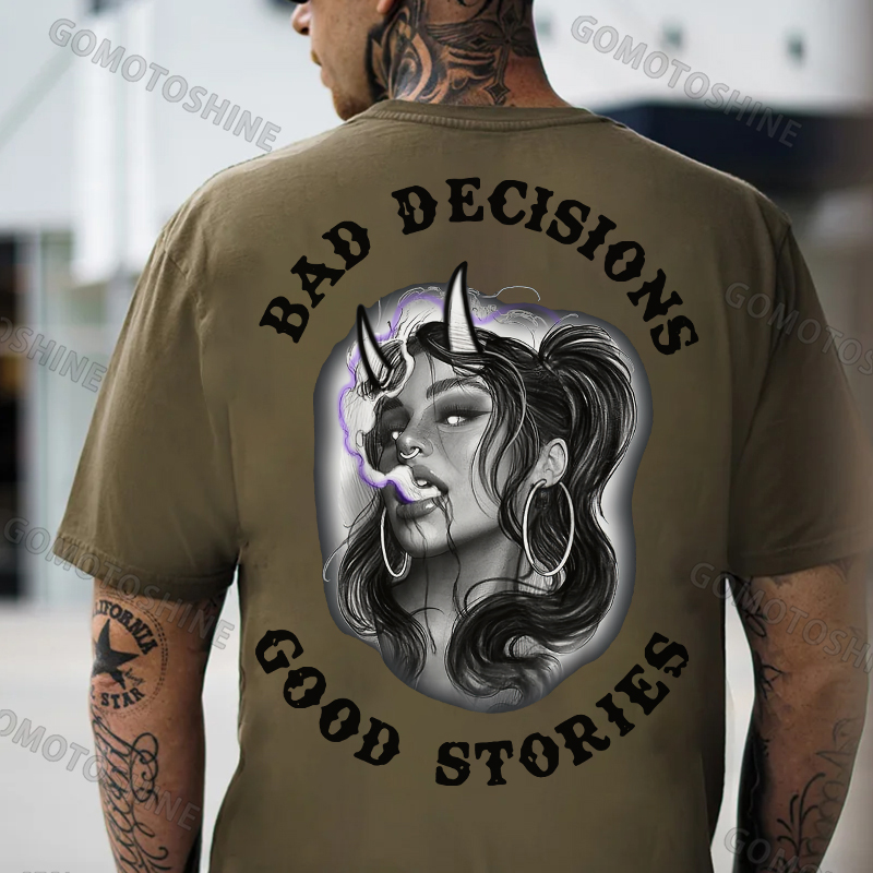 BAD DECISIONS GOOD STORIES Smoking Devil Girl Print Men's T-shirt Image - 5