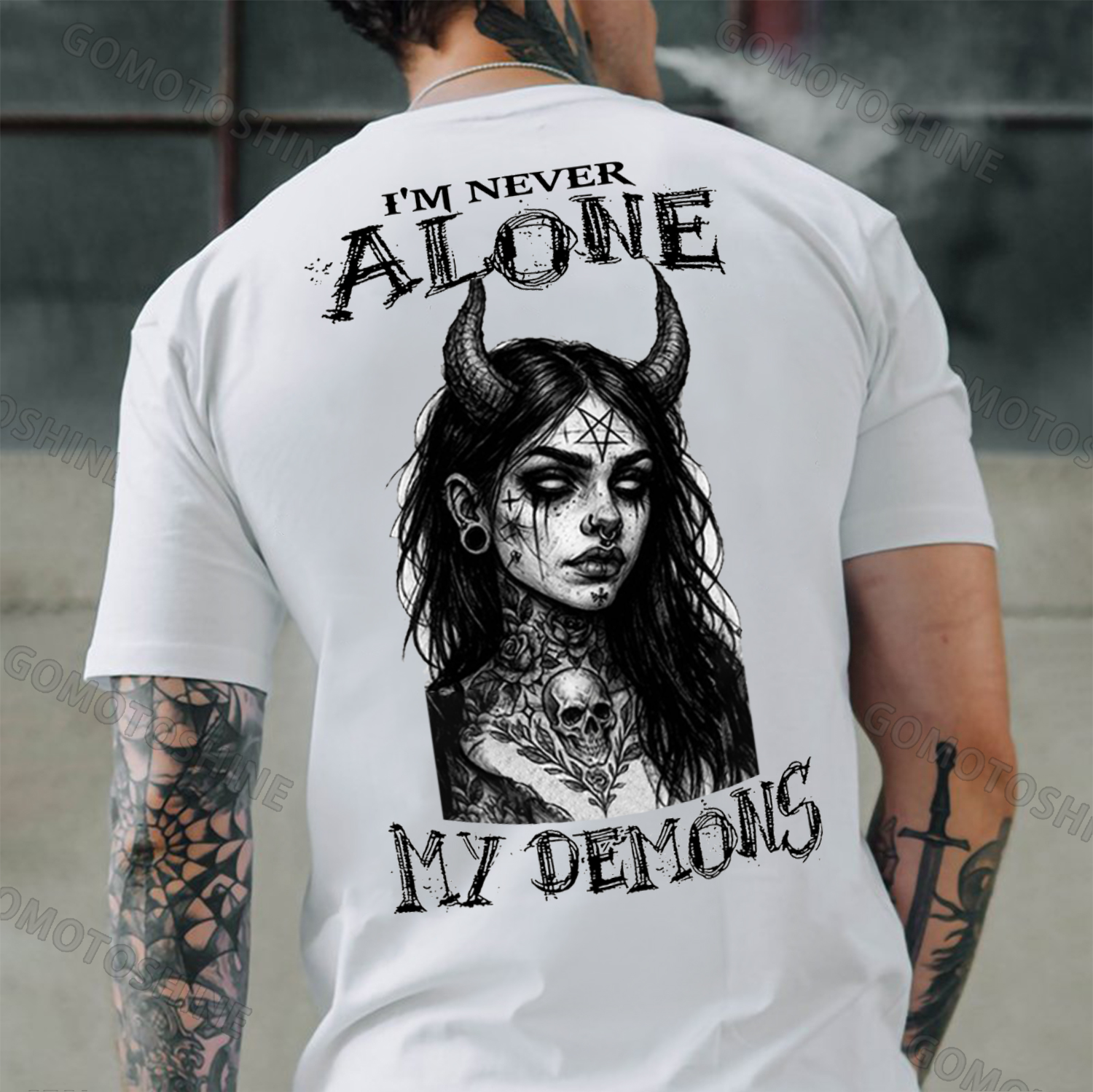 I'M NEVER ALONE MY DEMONS Devil Witch Print Men's T-shirt Image - 1