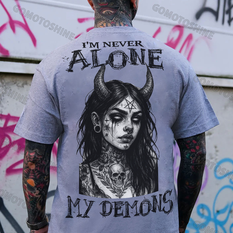 I'M NEVER ALONE MY DEMONS Devil Witch Print Men's T-shirt Image - 3