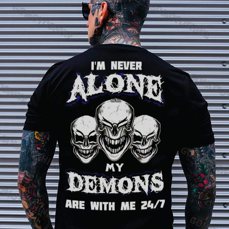 I'M NEVER ALONE MY DEMONS ARE WITH ME Skull 24/7 Print Men's T-Shirt Image - 1