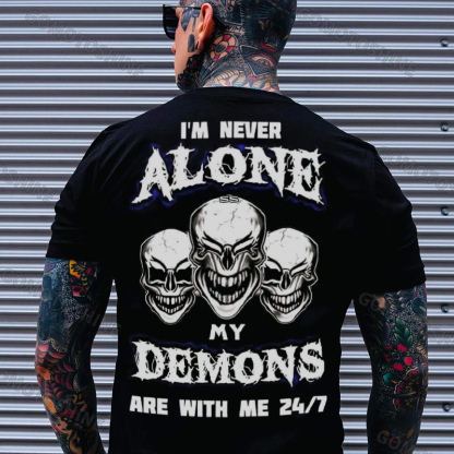 I'M NEVER ALONE MY DEMONS ARE WITH ME Skull 24/7 Print Men's T-Shirt Image - 1
