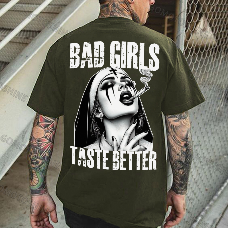 BAD GIRLS TASTE BETTER Sexy Smoking Nun Print Men's T-shirt Image - 5