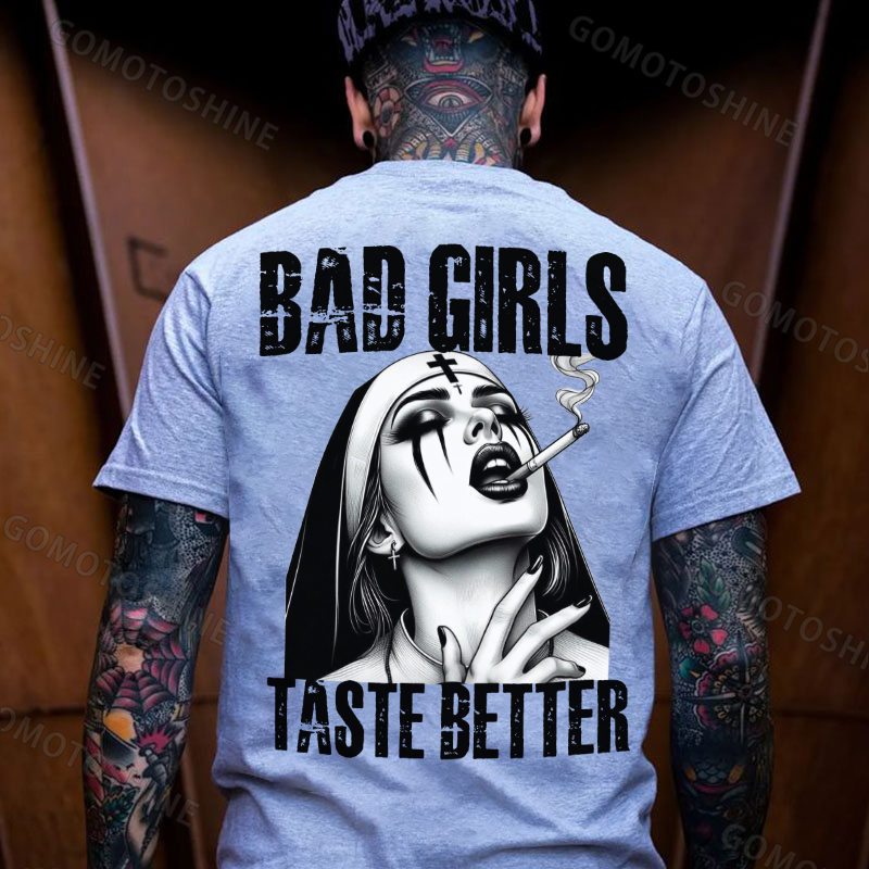 BAD GIRLS TASTE BETTER Sexy Smoking Nun Print Men's T-shirt Image - 3