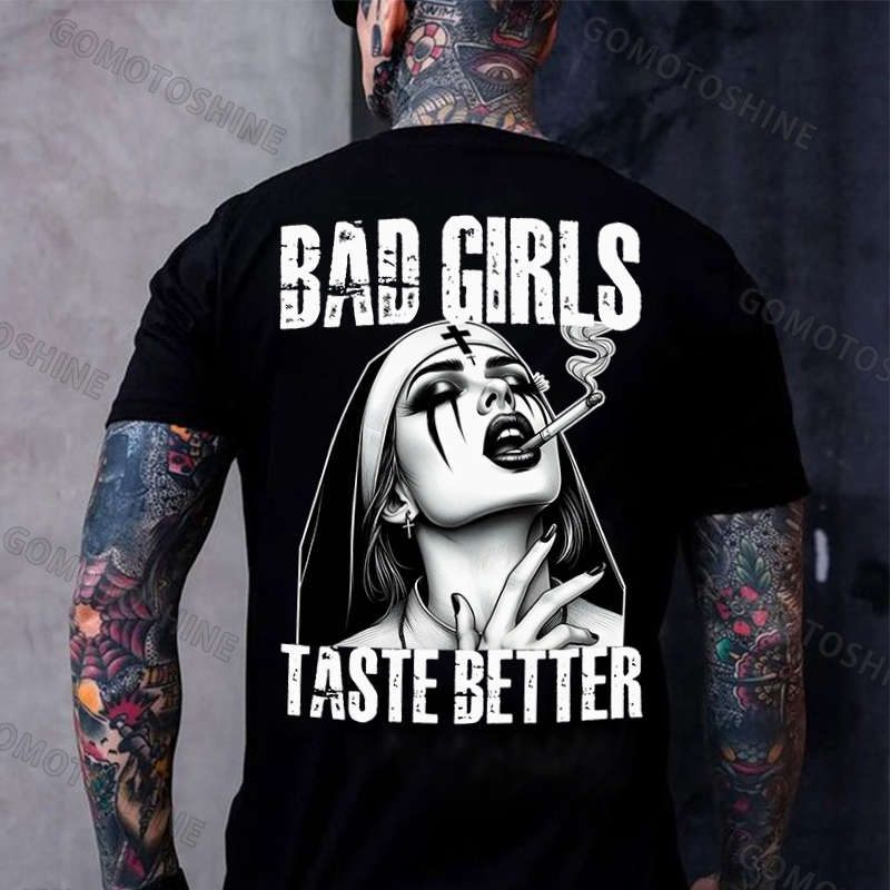 BAD GIRLS TASTE BETTER Sexy Smoking Nun Print Men's T-shirt Image - 2
