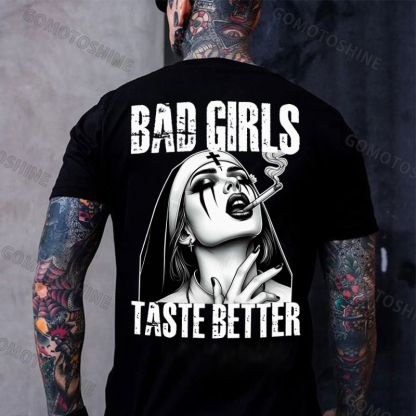 BAD GIRLS TASTE BETTER Sexy Smoking Nun Print Men's T-shirt Image - 2