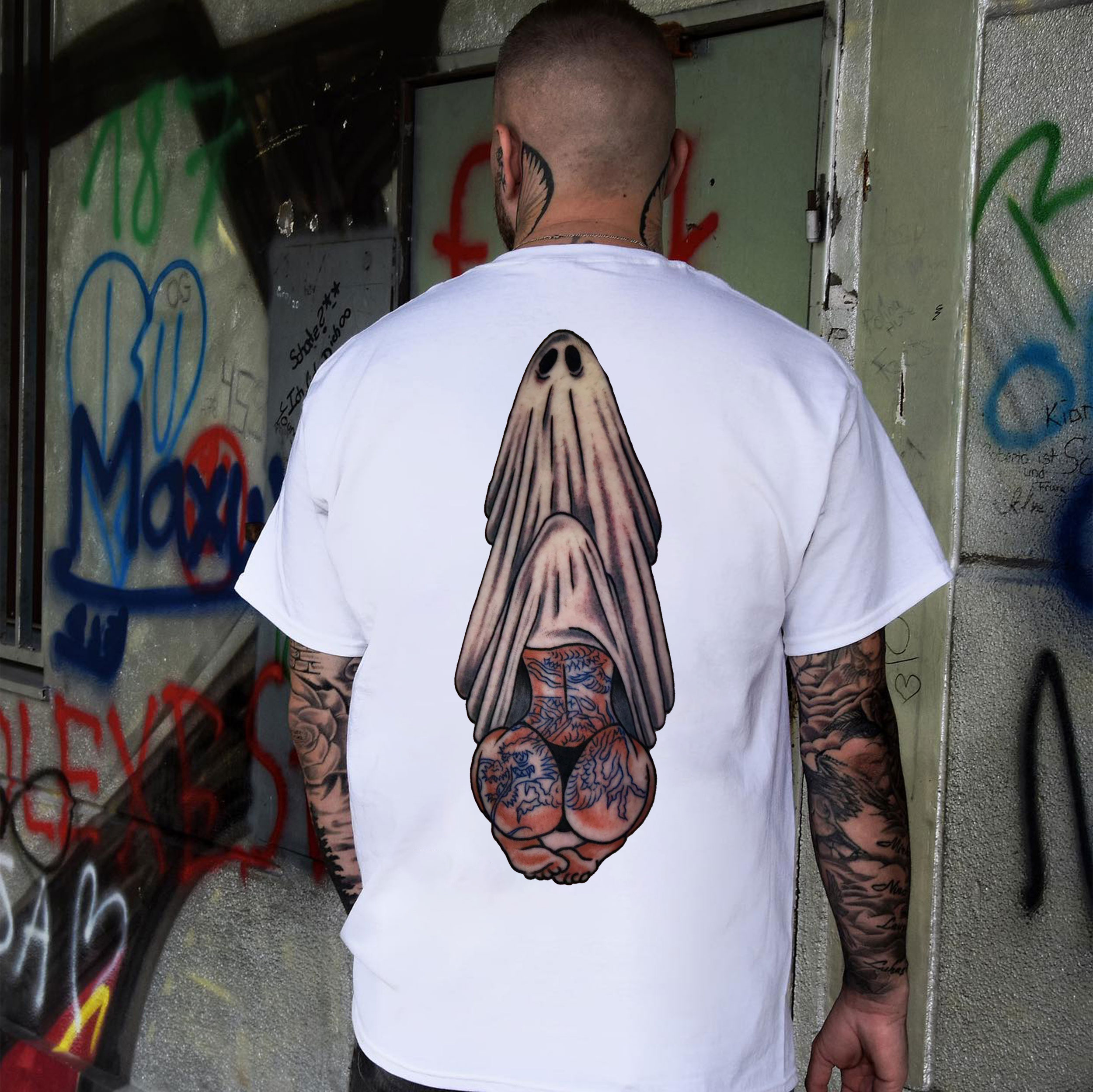 Oral Sex with Tattooed Ghost Dirty Love Black Print T-shirt Image - 7