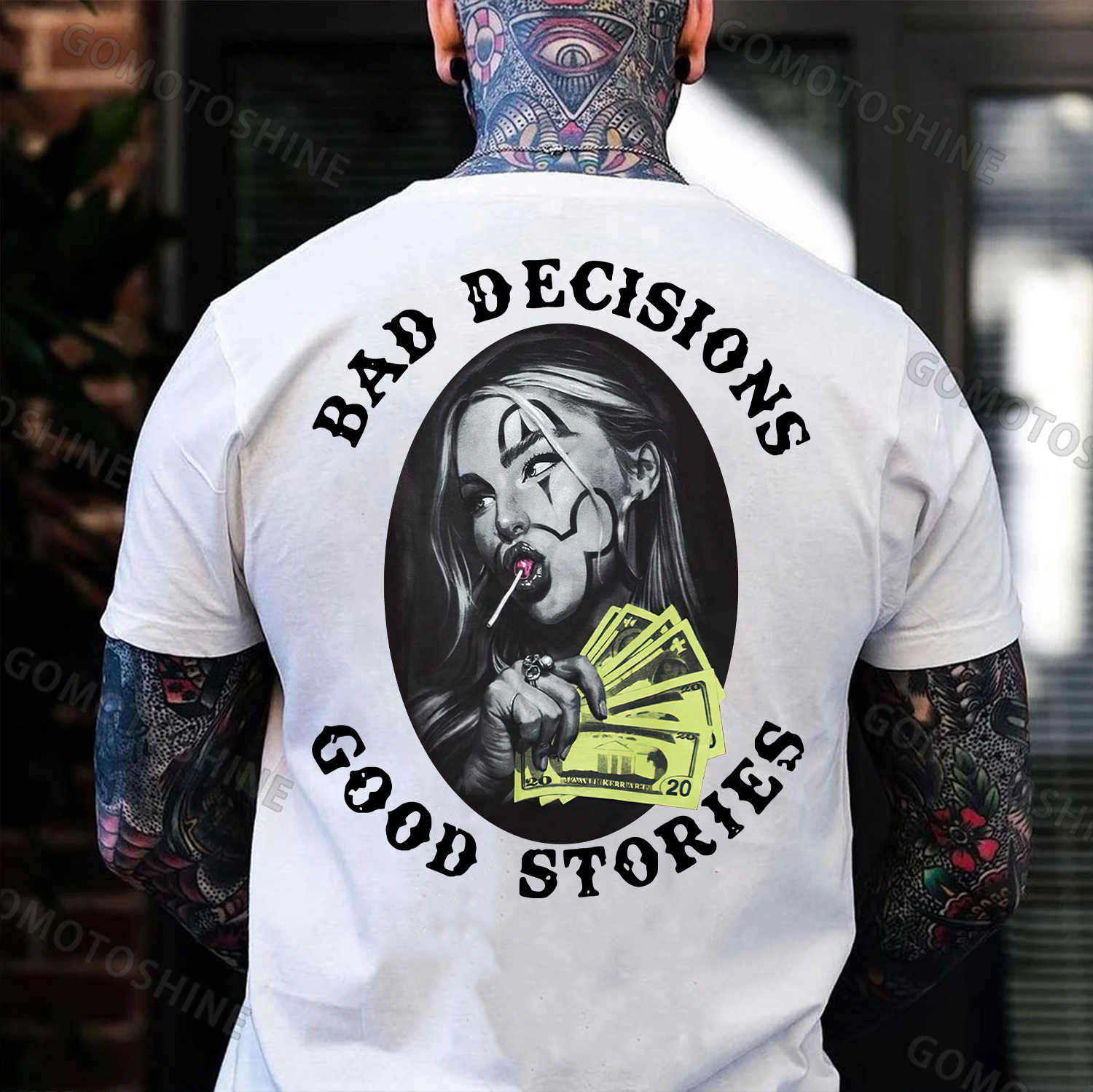 BAD DECISIONS GOOD STORIES Rich Joker Girl Print Men's T-Shirt Image - 2