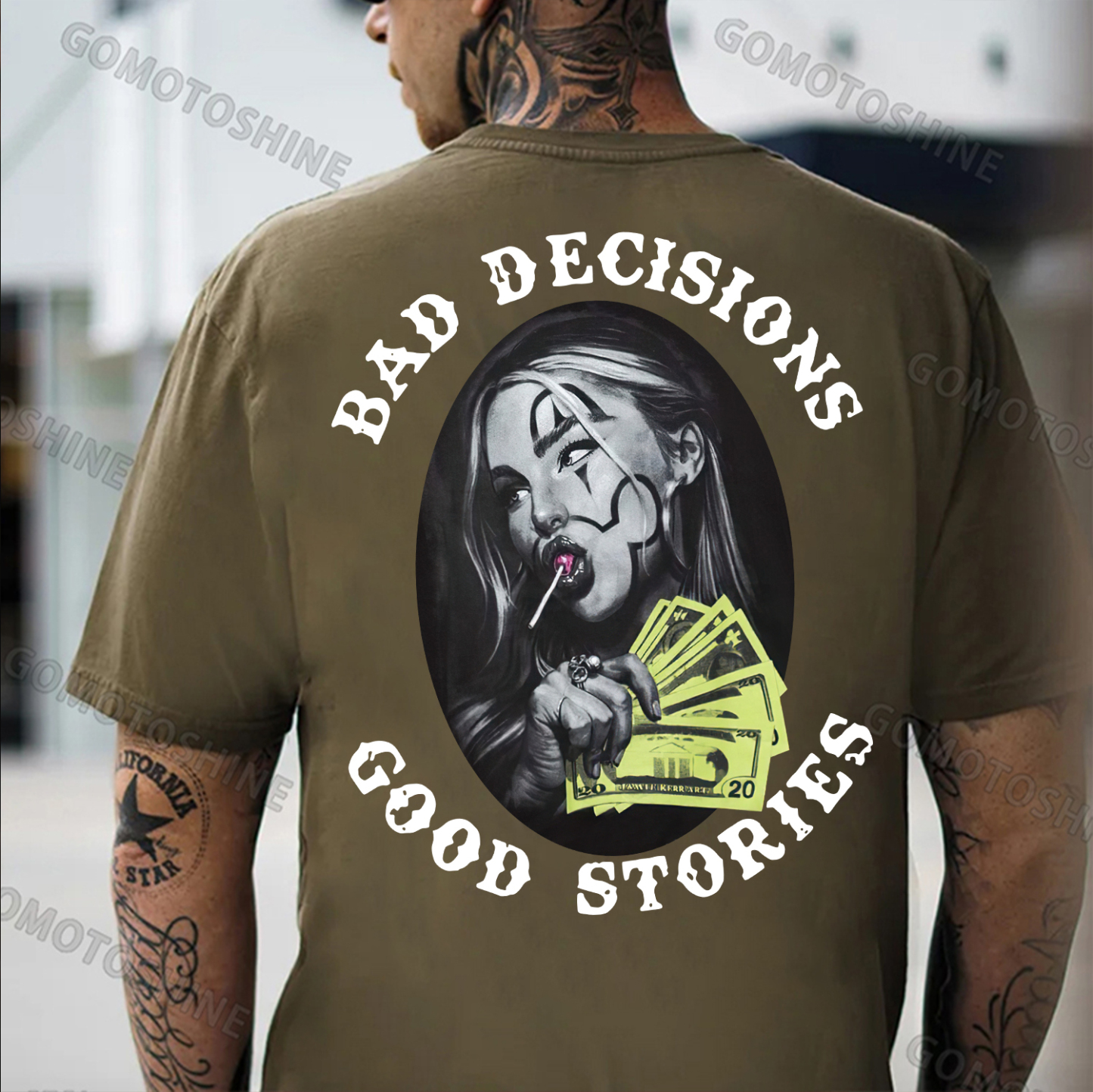 BAD DECISIONS GOOD STORIES Rich Joker Girl Print Men's T-Shirt Image - 5