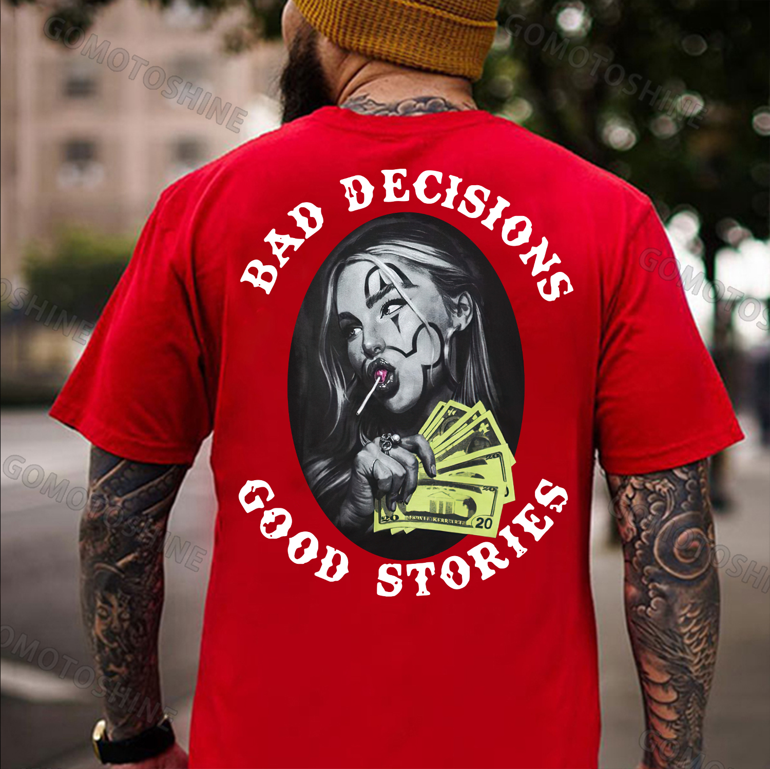 BAD DECISIONS GOOD STORIES Rich Joker Girl Print Men's T-Shirt Image - 6