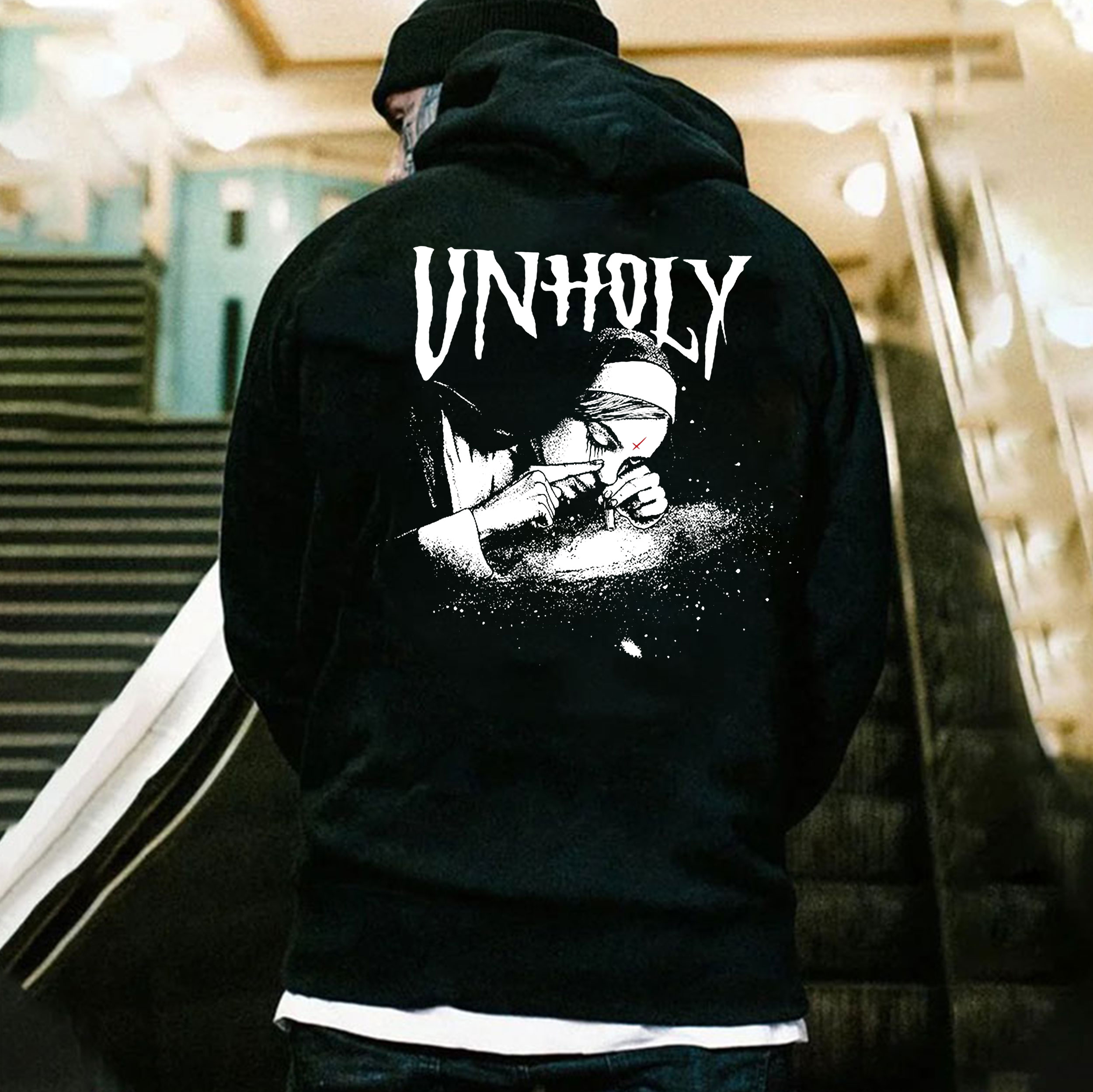 UNHOLY Nun Smoking Dark Style Black Print Hoodie Image - 1