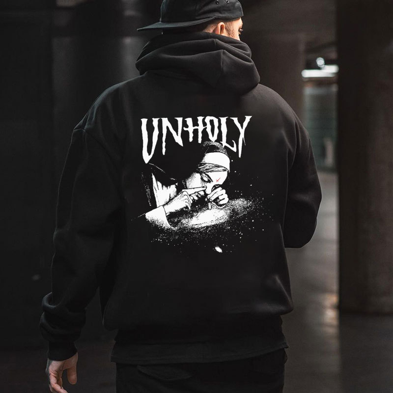 UNHOLY Nun Smoking Dark Style Black Print Hoodie Image - 3