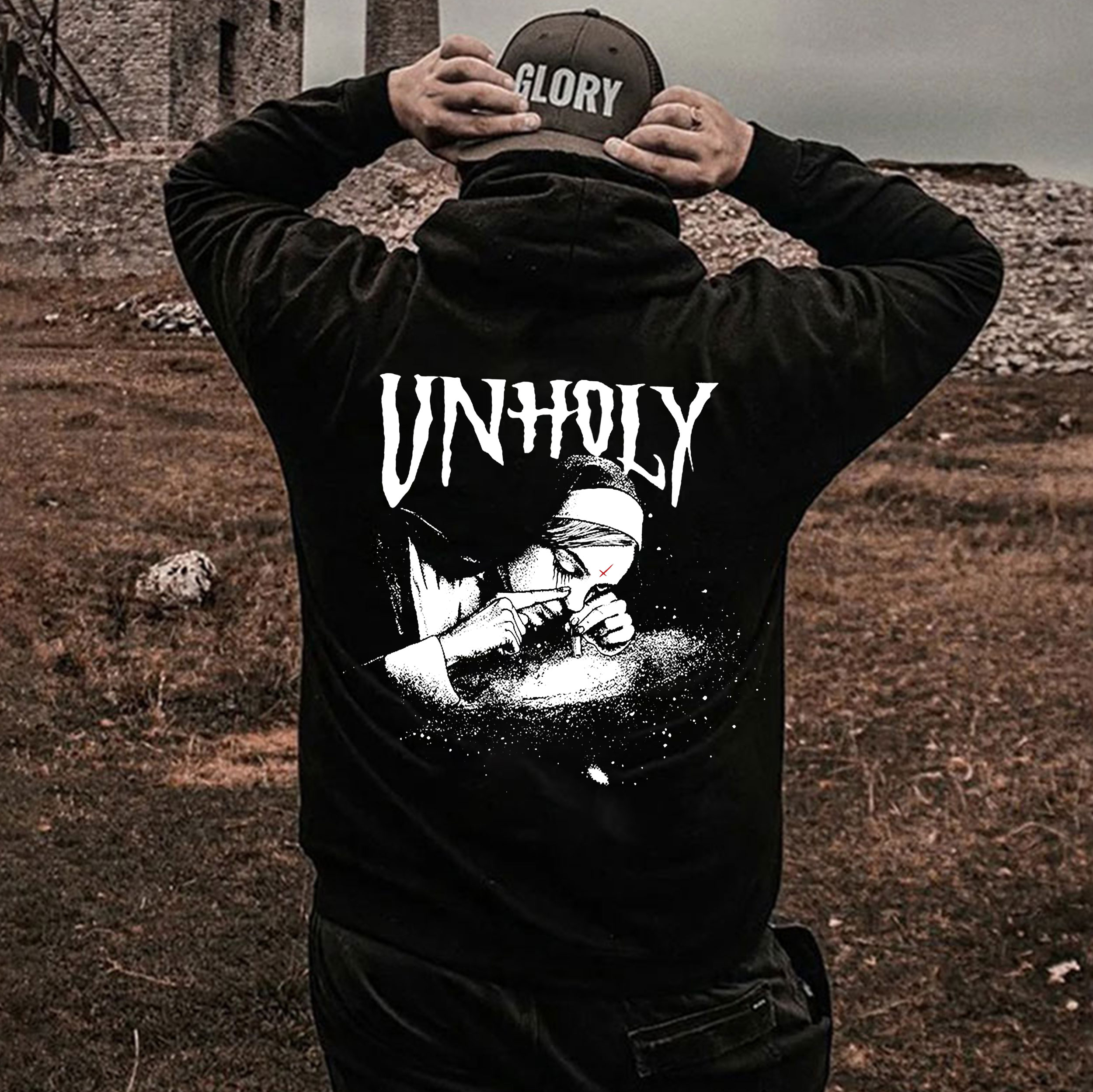 UNHOLY Nun Smoking Dark Style Black Print Hoodie Image - 5